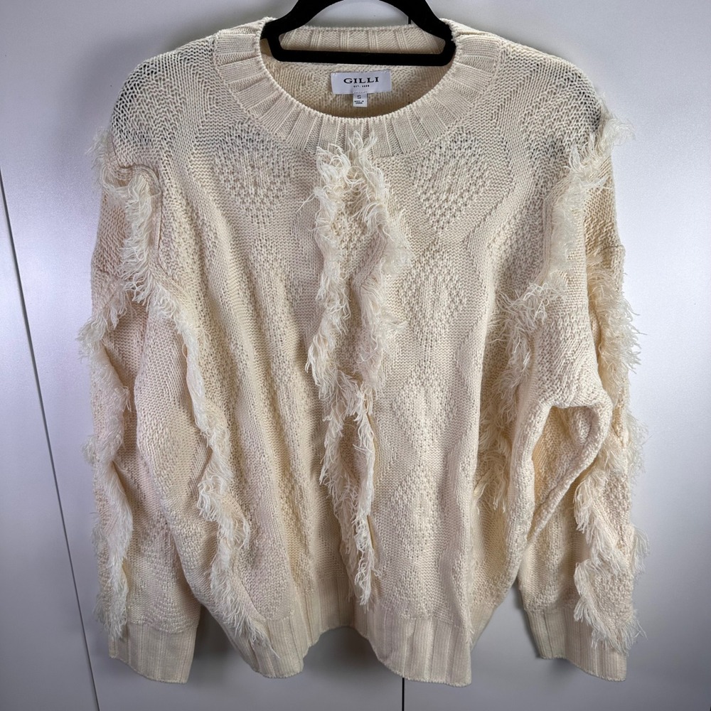 Gilli Womens Sm Cream Fringe Sweater Knit Cozy Boho Minimalist‎ Country Classic